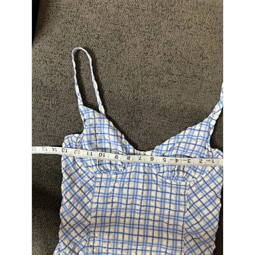 Tory Burch Check Plaid Gingham Swimsuit size M Underwire Blue White Seersucker